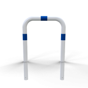 Impact protection bars | as e-charging post protection | for casting in concrete, | total width: 750mm, total height: 1150mm | hot-dip galvanized and white powder-coated with blue reflective stripes foil type RA1/A
